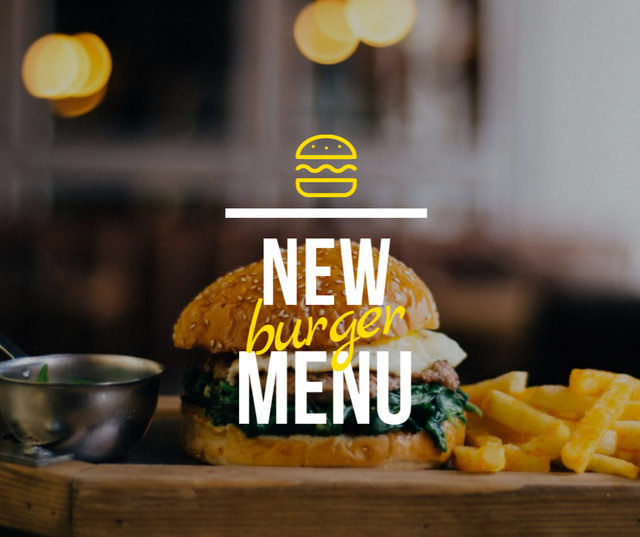 Fast Food New Menu offer with Burger and French Fries Facebook Tasarım Şablonu