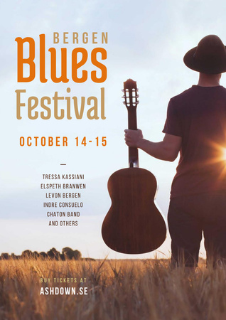 Designvorlage Blues Festival Invitation Man with Guitar at Sunset für Poster A3