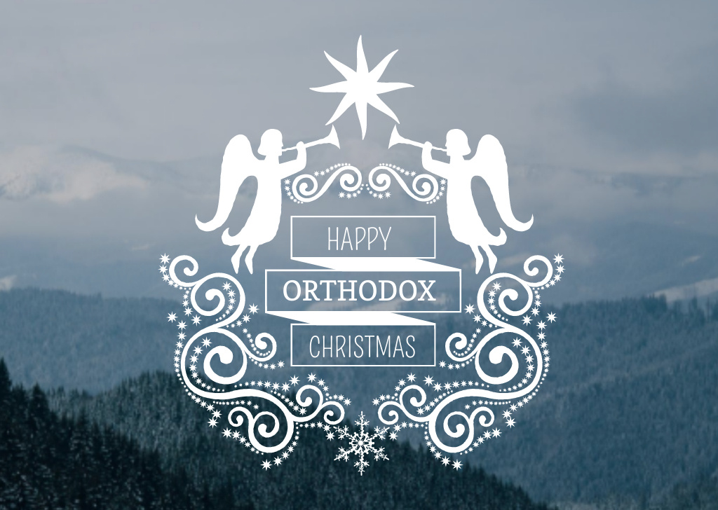 Plantilla de diseño de Happy Orthodox Christmas with Angels over Snowy Trees Postcard 