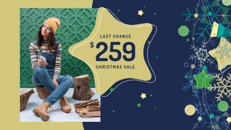 Christmas Sale Girl in Denim Overalls FB event cover – шаблон для дизайна