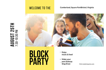 Block Party Announcement with Young People Having Fun Poster 24x36in Horizontal Design Template