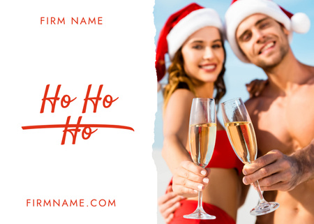 Ontwerpsjabloon van Postcard 5x7in van Happy Couple In Santa Hats With Glasses Of Champagne