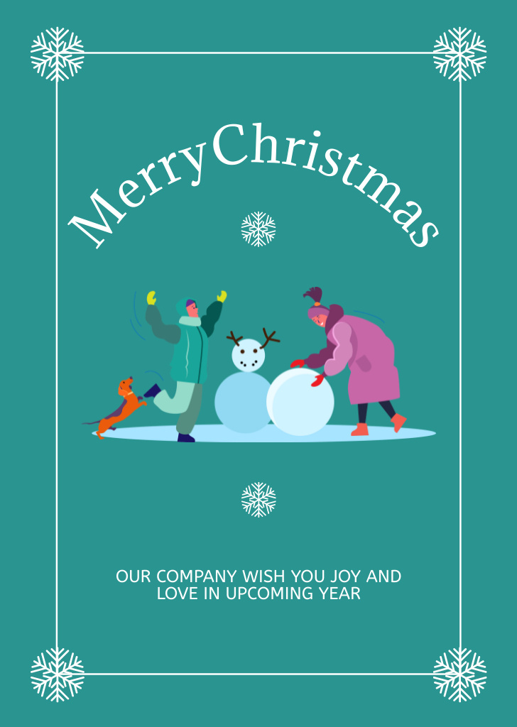 Designvorlage Christmas Cheers with People Making Snowman für Postcard A6 Vertical