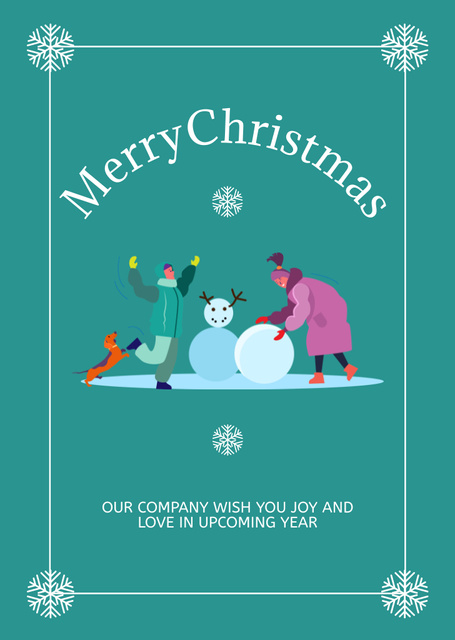 Designvorlage Christmas Cheers with People Making Snowman für Postcard A6 Vertical