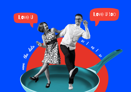 Designvorlage Funny Loving Couple Dancing on Skillet für Postcard A5