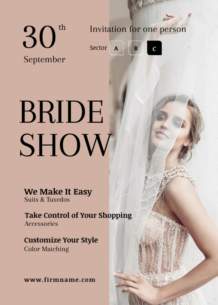 Designvorlage Wedding Fashion Show with Bride in White Dress für Invitation