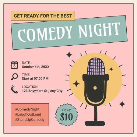 Comedy Night Event Announcement with Illustration of Microphone in Pink Podcast Cover Design Template