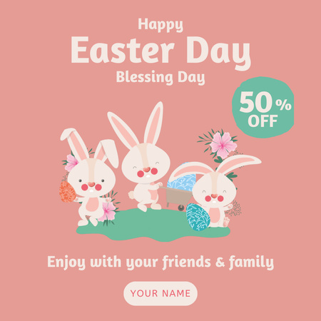 Ontwerpsjabloon van Instagram van Aankondiging van de verkoop van Pasen met schattige konijntjes op roze