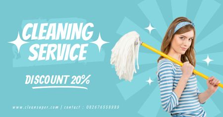 Cleaning Services Offer with Woman with Broom Facebook AD Design Template