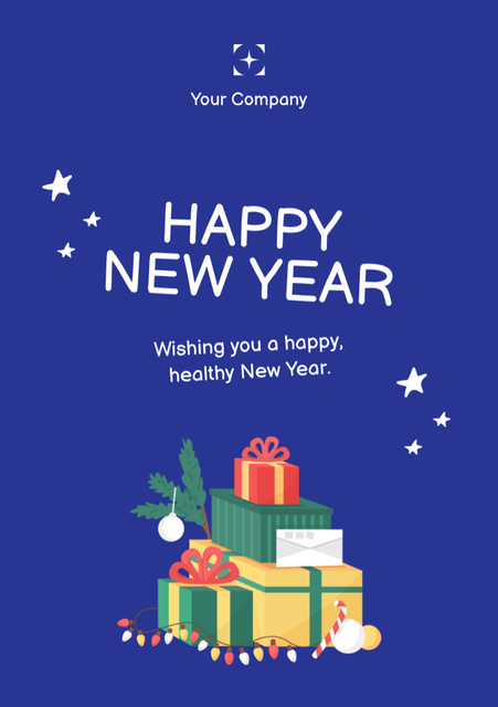 Template di design New Year Wishes with Colorful Presents and Garland Postcard A5 Vertical