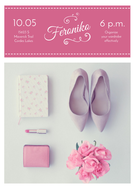 Fashion Event Announcement with Pink Outfit Flat Lay Flayer Tasarım Şablonu