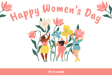 Women's Day Cute Greeting with Women in Flowers Card Design Template