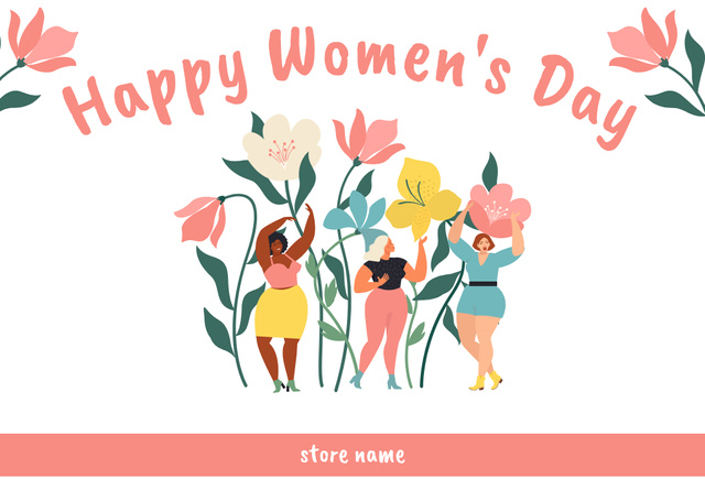 Women's Day Cute Greeting with Women in Flowers Cardデザインテンプレート