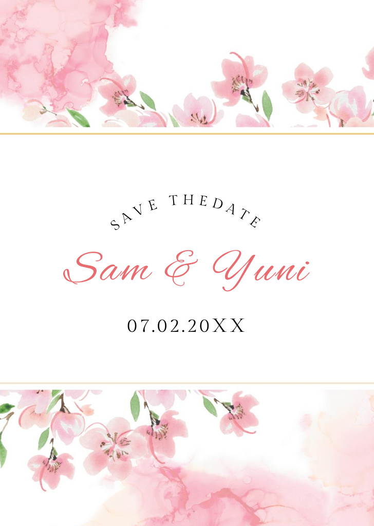 Wedding Announcement with Pink Watercolor Flowers Postcard A6 Vertical Modelo de Design