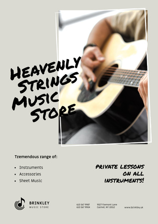 Music Store Offer with Man playing Guitar Poster A3 Design Template