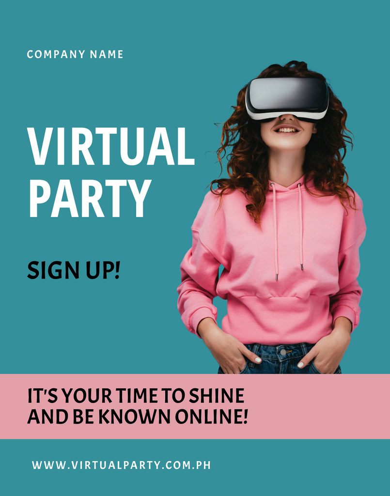 Virtual Gathering Announcement with Youbg Woman in VR Headset Poster 22x28in tervezősablon