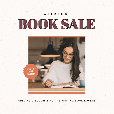 Books Sale Announcement with Woman reading Instagram Design Template