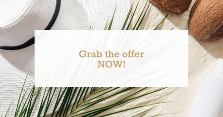 oferta de viagem folha de palmeira e chapéu de palha Facebook AD Modelo de Design