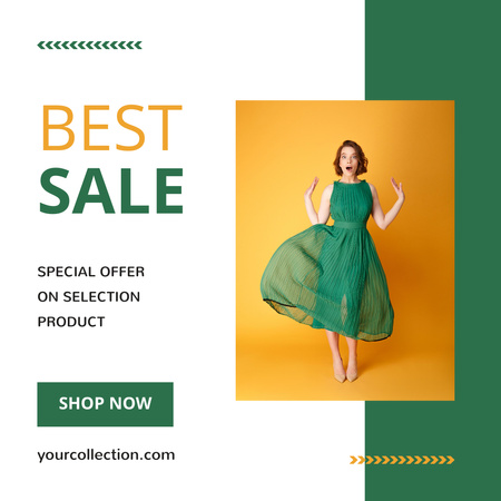 Fashion Clothes Sale with Girl in Green Dress Instagram Design Template