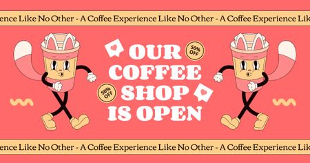 Template di design Carattere fischiante e caffè a metà prezzo in negozio Facebook AD