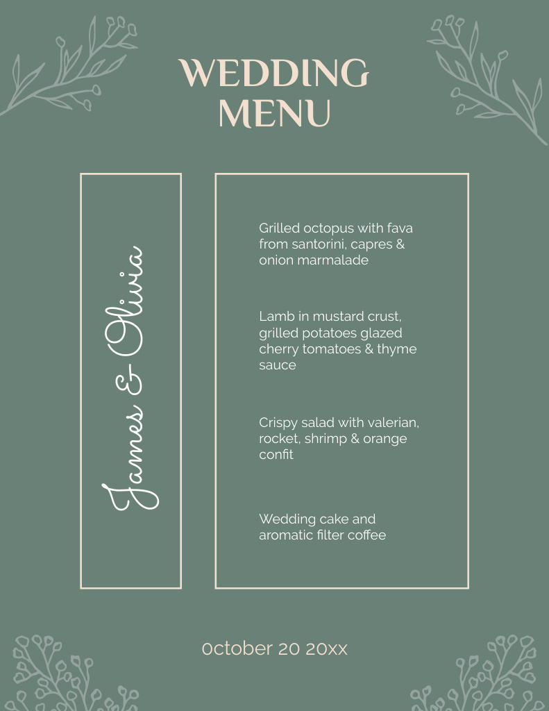 Minimalist Green Grey Wedding Food List Menu 8.5x11inデザインテンプレート
