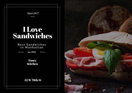 Anúncio de restaurante com saborosos sanduíches com manjericão Poster A2 Horizontal Modelo de Design