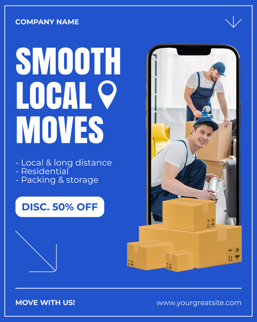 Smooth Moving Services Ad with Delivers on Phone Screen Instagram Post Verticalデザインテンプレート