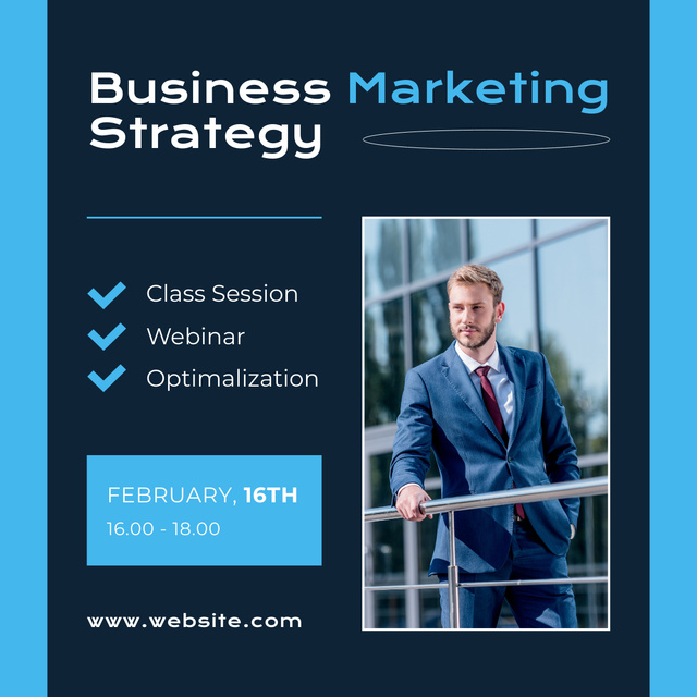 Business Marketing Strategy Classes Ad on Blue LinkedIn postデザインテンプレート