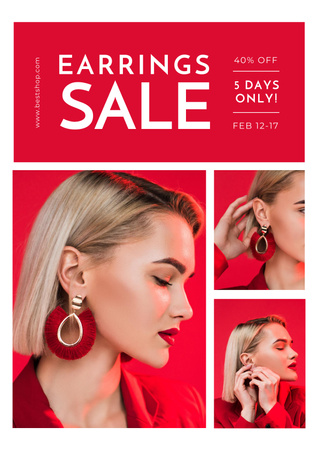 Jewelry Offer with Woman in Stylish Earrings on Red Poster Design Template