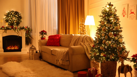 Designvorlage Weihnachtsbaum- und Hirschfigur im gemütlichen Wohnzimmer für Zoom Background
