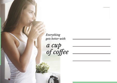 Young Woman drinking coffee Postcard Design Template