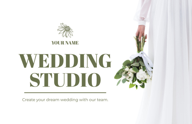 Wedding Studio Promo with Bride and Bouquet Business Card 85x55mm tervezősablon