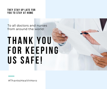 Platilla de diseño #ThanksHealthHero Coronavirus awareness with Doctors team in clinic Facebook