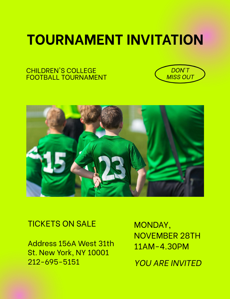 Football Tournament Announcement on Vivid Green Invitation 13.9x10.7cm Šablona návrhu