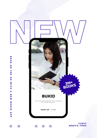 New App Ad with Woman Reading Books Poster Design Template
