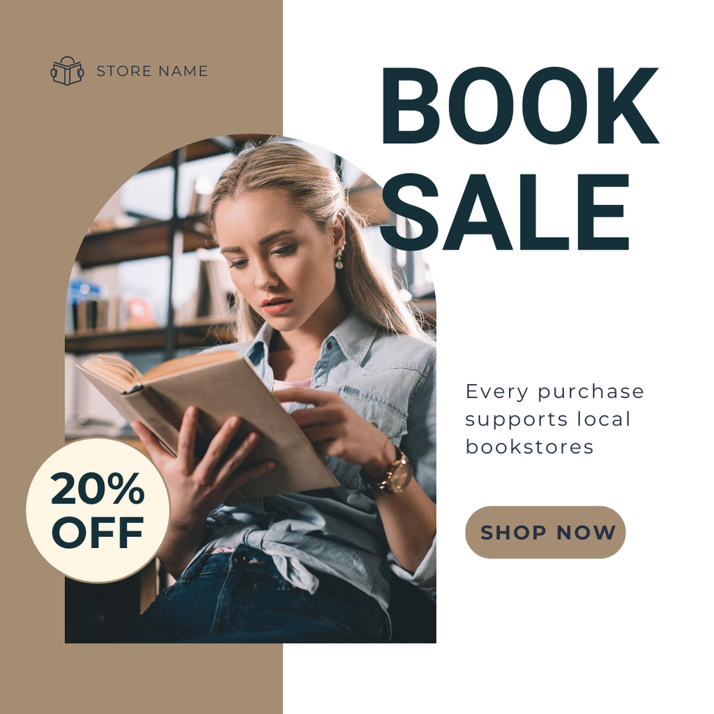 Book Sale Offer with Reading Young Woman Instagramデザインテンプレート