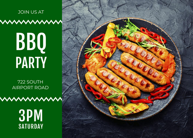 BBQ Party Grilled Sausages With Pepper In Green Postcard 5x7in Design Template
