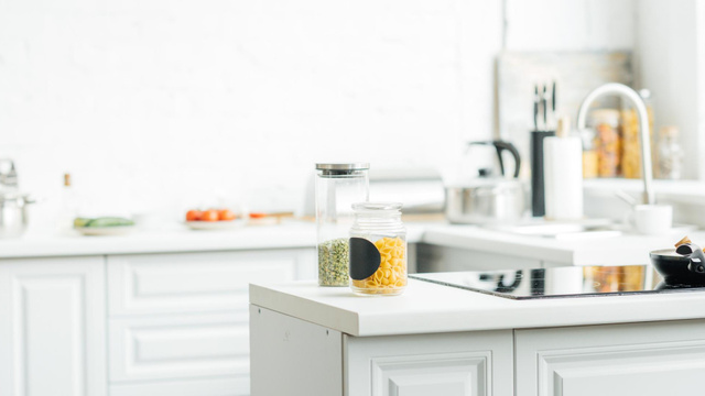 Plantilla de diseño de Jars with spices on Kitchen table Zoom Background 