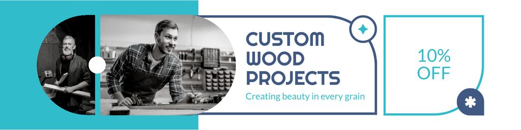 Ad of Custom Wood Projects with Carpenter in Workshop Twitter Design Template