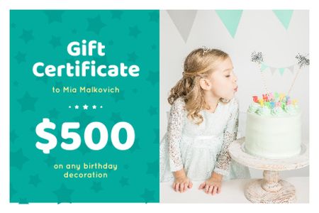 Platilla de diseño Birthday Offer with Girl Blowing Candles on Cake Gift Certificate