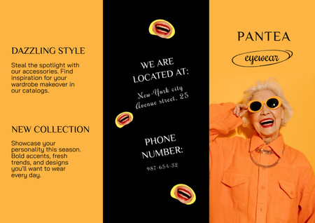 Platilla de diseño Smiling Old Woman in Stylish Orange Outfit and Sunglasses Brochure