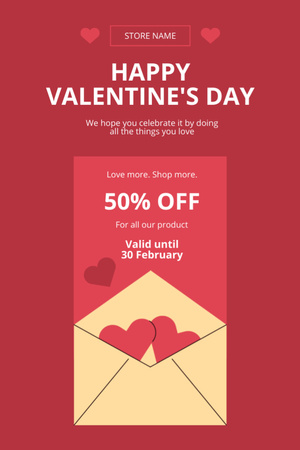 Valentine's Day Sale Offer With Hearts In Envelope Postcard 4x6in Vertical Design Template