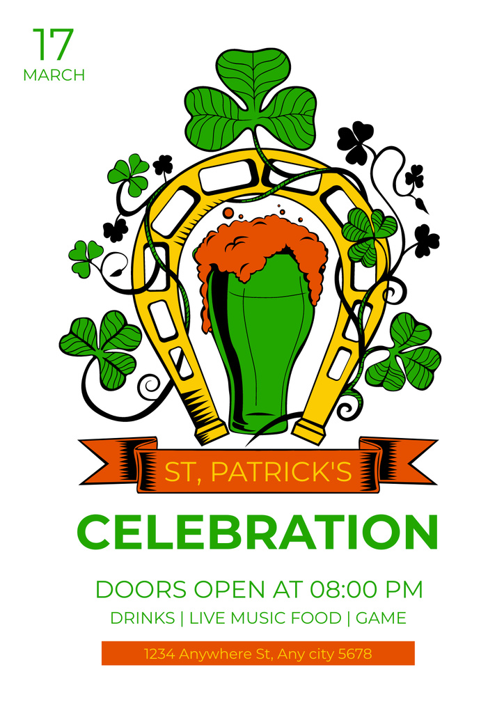 St. Patrick's Day Beer Party Announcement with Clovers Poster Tasarım Şablonu