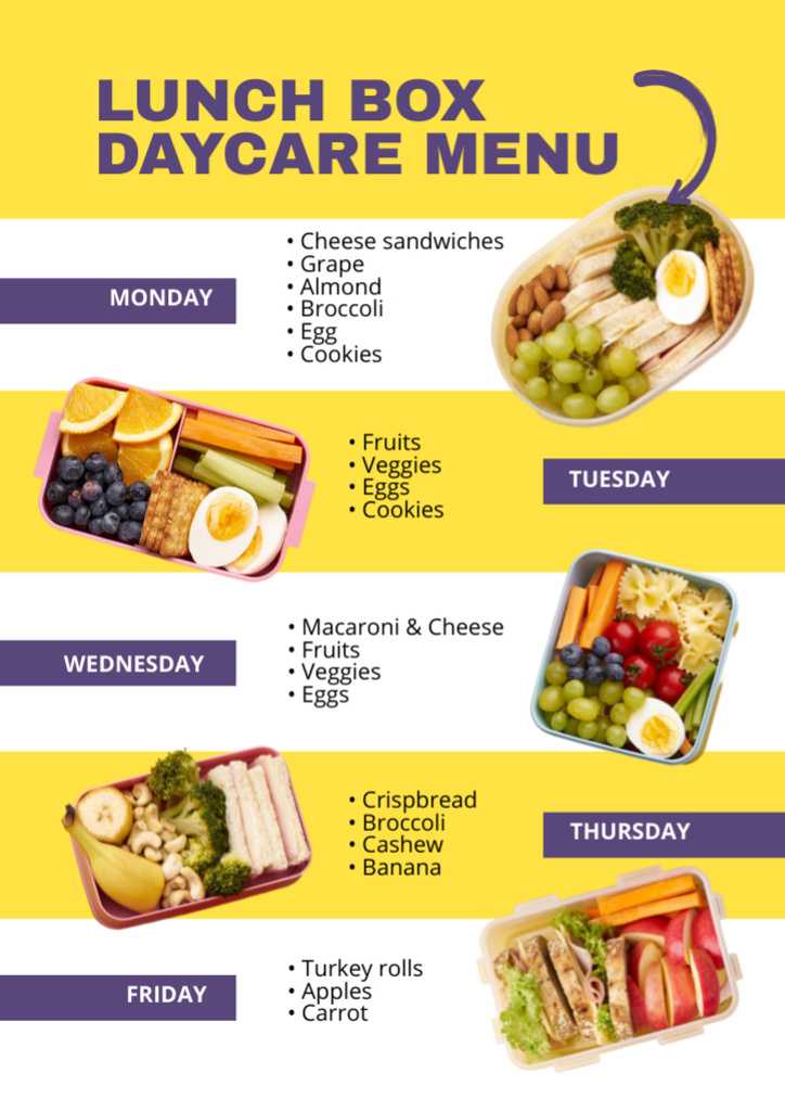 Template di design Weekly School Food In Lunch Boxes Offer Menu