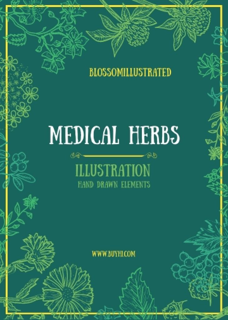 Medical Herbs Illustration with Frame in Green Flayer Tasarım Şablonu