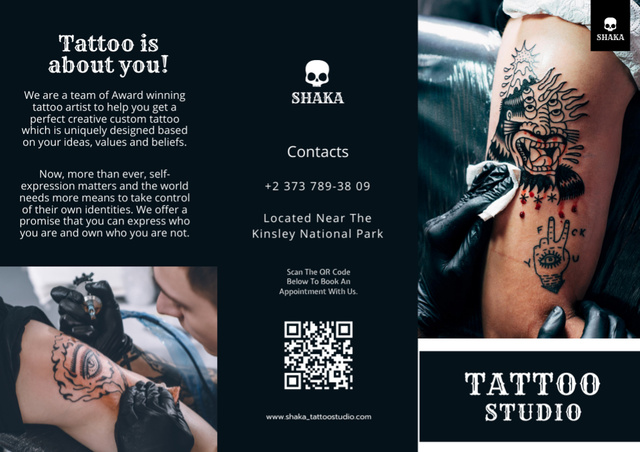 Detailed Description And Offer By Tattoo Studio Brochure Design Template