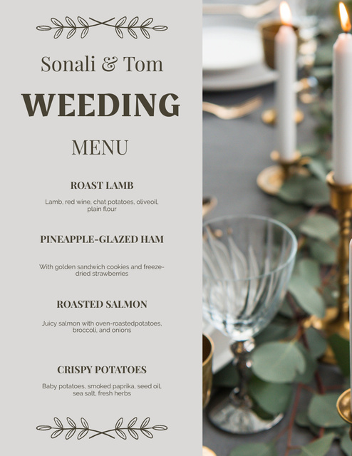 List of Foods for Wedding Banquet on Green Grey Menu 8.5x11in Design Template