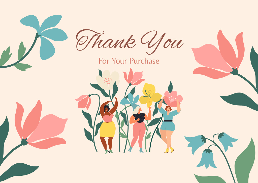 Ontwerpsjabloon van Card van Thank You Message with Women and Bright Flowers