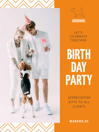 Birthday Party Announcement with Couple and Dog Poster US Modelo de Design