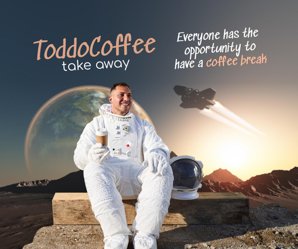 Funny Illustration of Astronaut with Coffee Facebook Design Template